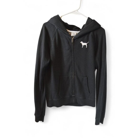 Victoria’s Secret PINK Black Zip Hoodie Women’s Size M Love Pink Full Zip - Picture 1 of 3